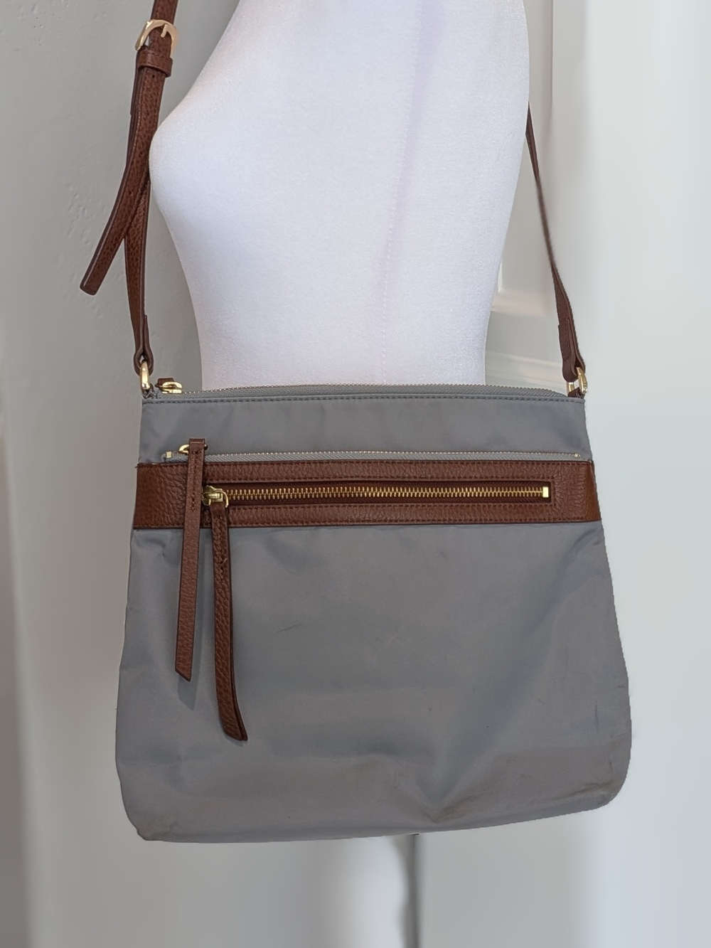 Nordstrom Gray Nylon Crossbody with Brown Trim and Gold Hardware